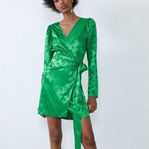 NWOT Zara Jacquard Green Satin Dress